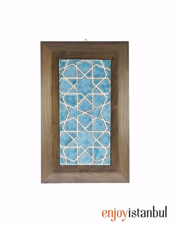 Turquoise Background Seljuk Star Decorated Decorative Tile Framed Painting 18x28 Cm