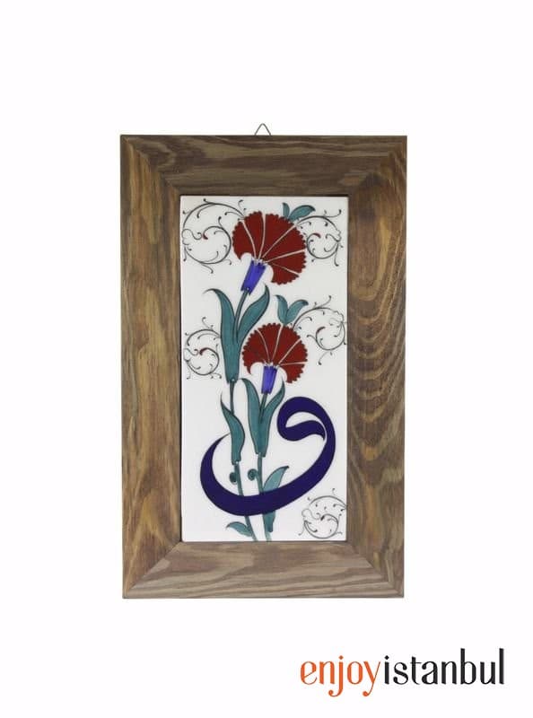 AUTHENTIC TILE Wooden Framed Wall Painting with Carnation Vav Decoration Width: 18 length: 28 Cm
