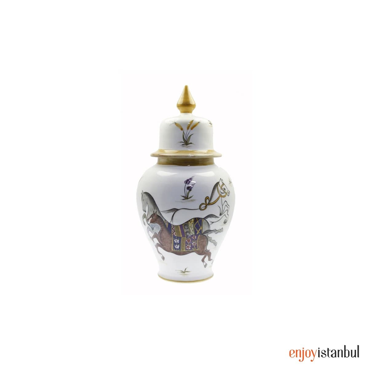 Miniature Horsemen Decorated Decorative Tile Shah Vase 22x40 Cm