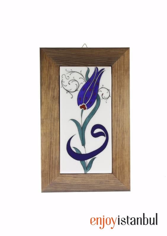 Decorative Tile Framed Painting with Blue Tulip and Vav Decoration 18x28 Cm