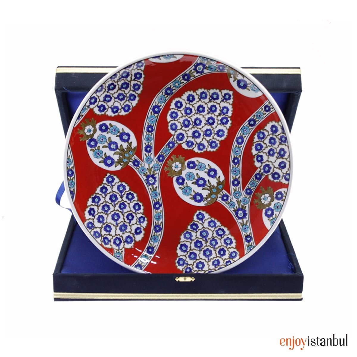 Decorative Velvet Boxed Tile Plate with Red Ground Pomegranate Flower Decoration 30 Cm
