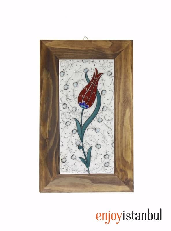 Golden Horn Floor Tulip Decorated Decorative Tile Framed Painting 18x28 Cm