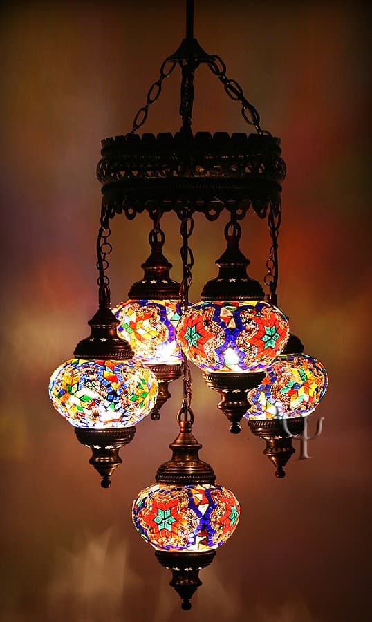Multicolor Mosaic Design Ottoman Chandelier with 5 Globes