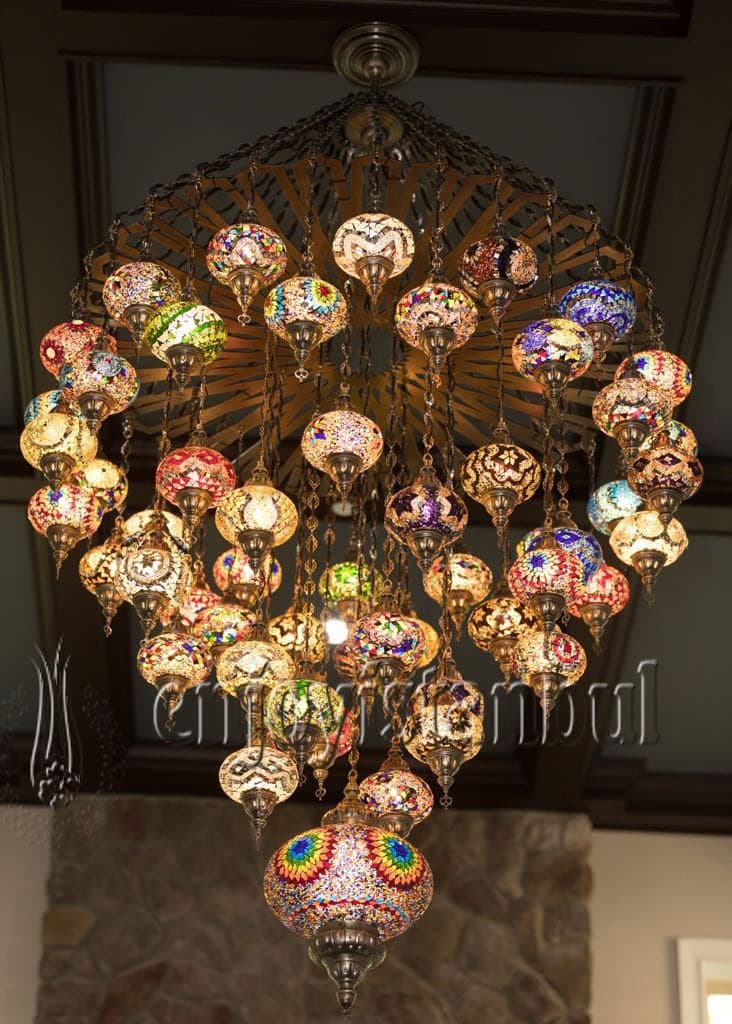 Multicolor Mosaic Design Ottoman Chandelier with 57 Globes