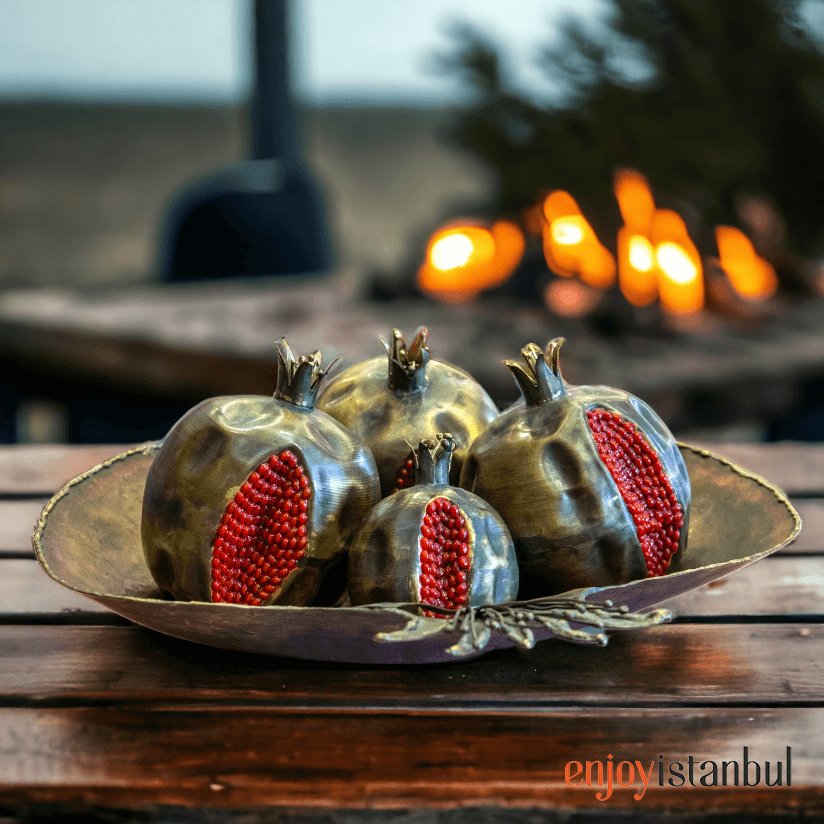 Artisanal Brass Pomegranate Masterpiece and Pomegranate Tray Set: Handcrafted Craftsmanship