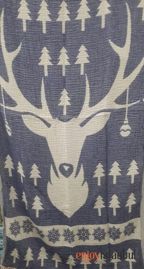 Nature-Inspired Deer Design Blue and White Bath Towel
