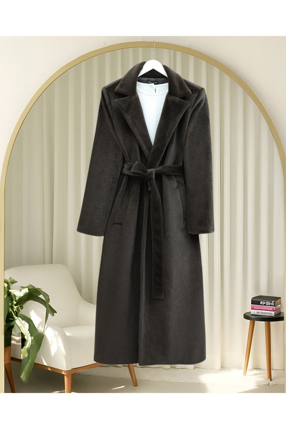 Tied Waist Lined Pocket Bearded Coat