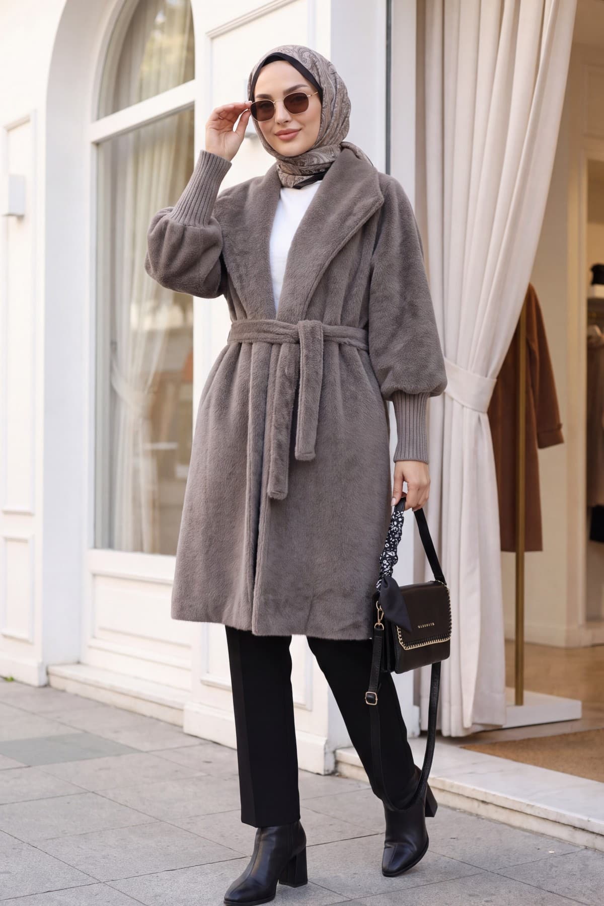 Shawl Collar Lined Cashmere Coat with Ribbed Sleeves