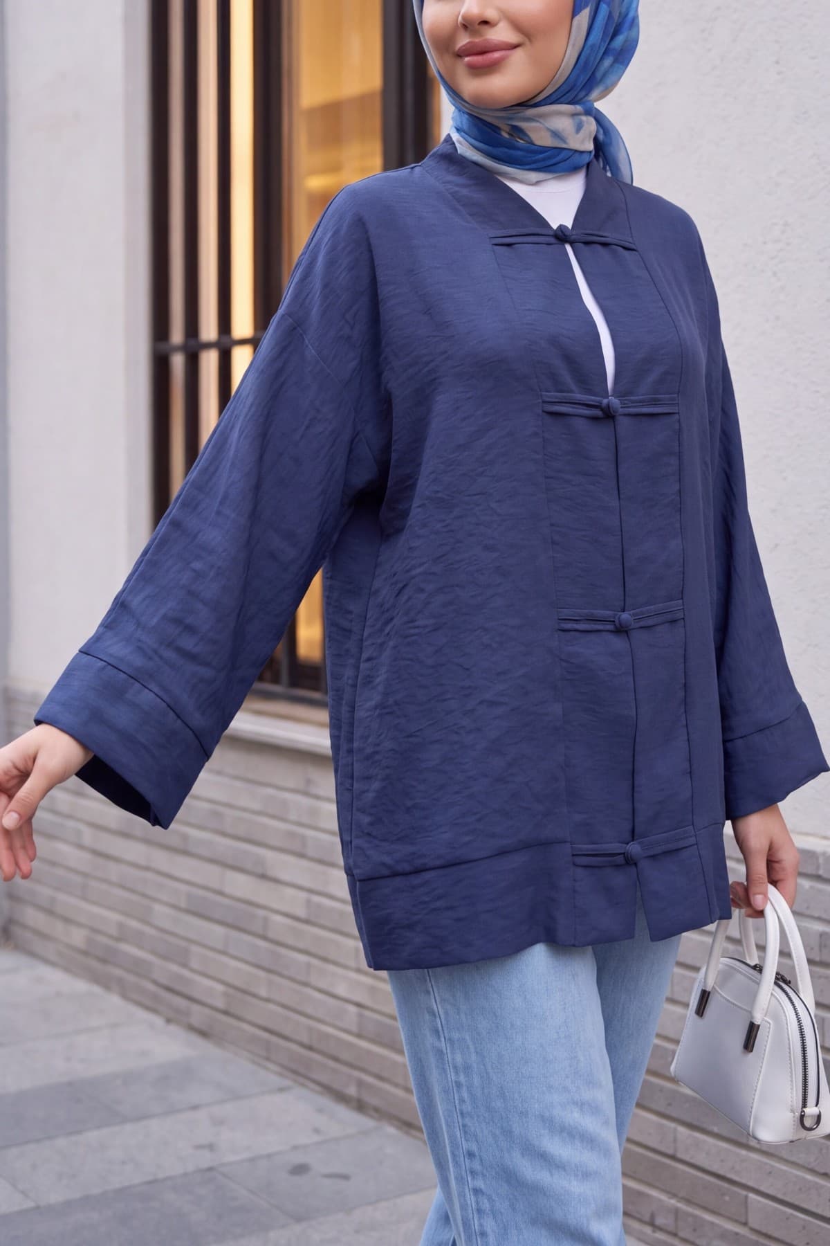 V-Neck Organza Voile Oversize Kimono with Piping Buttons