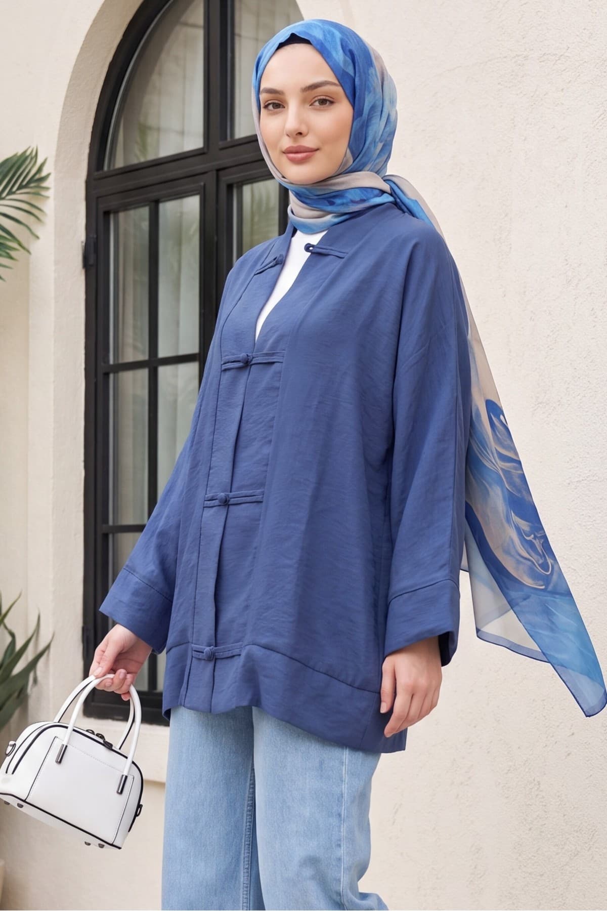 V-Neck Organza Voile Oversize Kimono with Piping Buttons
