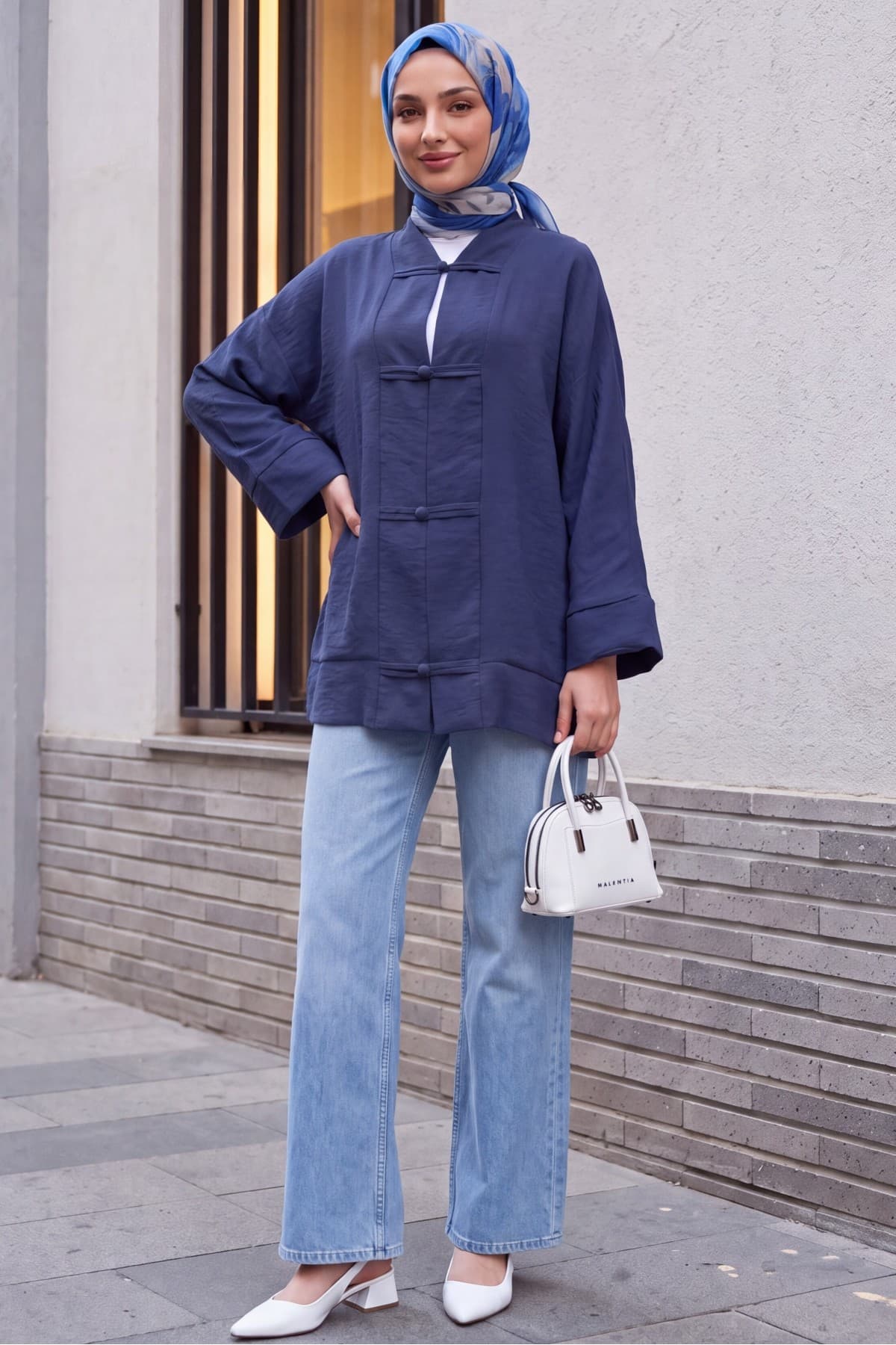 V-Neck Organza Voile Oversize Kimono with Piping Buttons