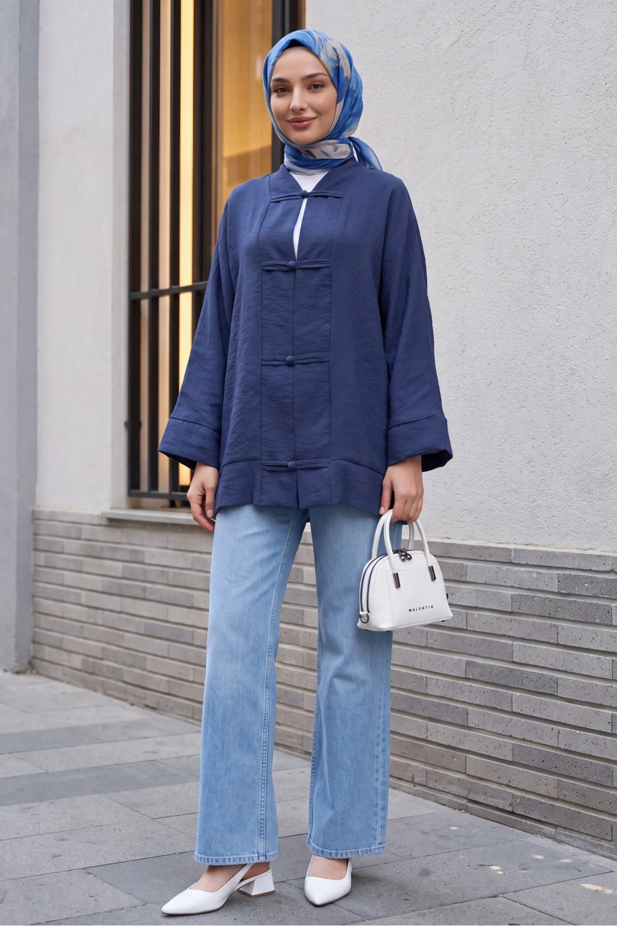 V-Neck Organza Voile Oversize Kimono with Piping Buttons