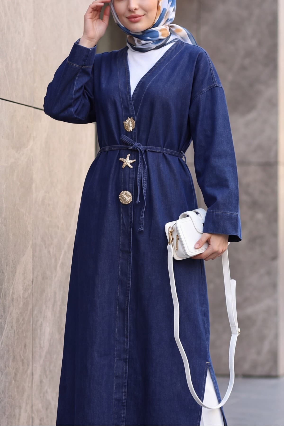 Long Denim Kimono with Large Brooch Detail, Belt, and Slit
