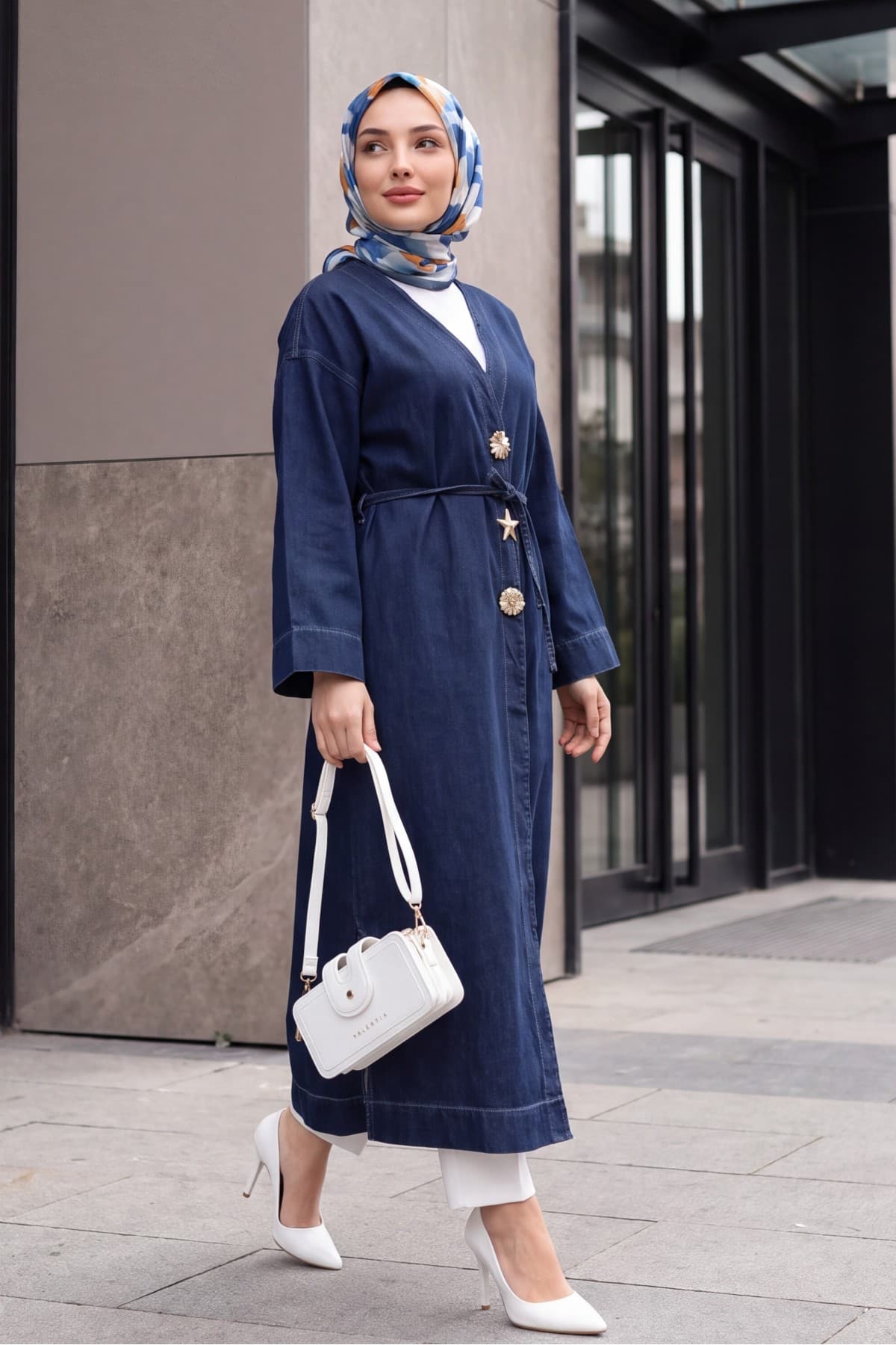 Long Denim Kimono with Large Brooch Detail, Belt, and Slit