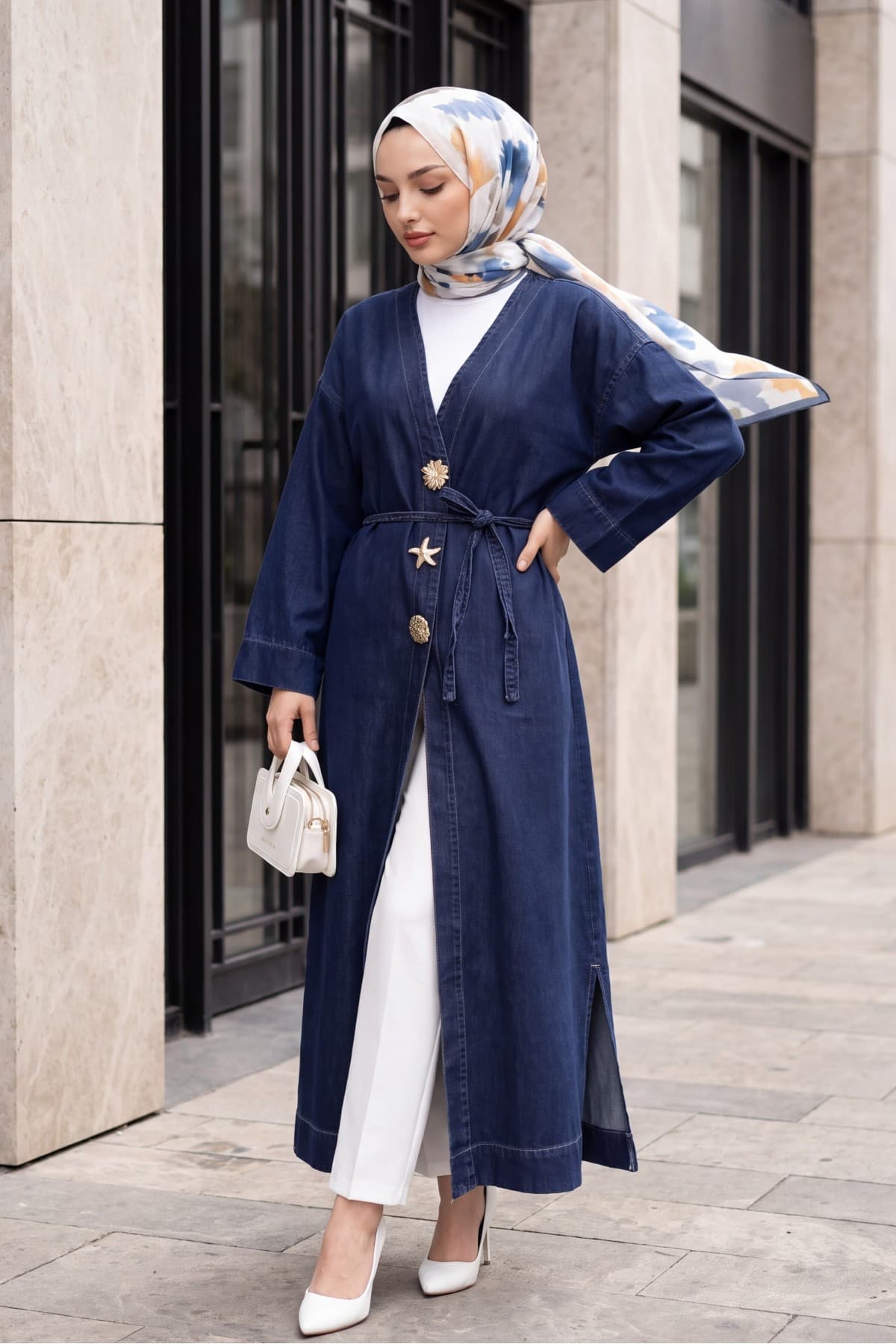 Long Denim Kimono with Large Brooch Detail, Belt, and Slit