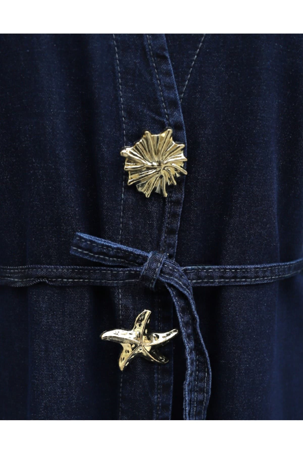 Long Denim Kimono with Large Brooch Detail, Belt, and Slit