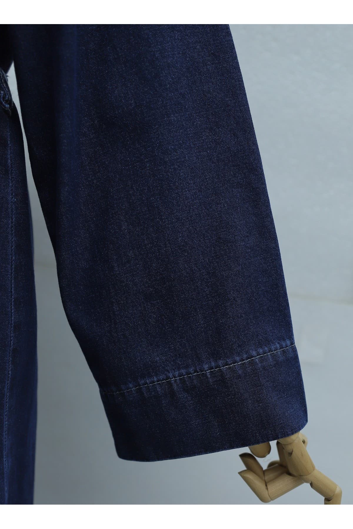 Long Denim Kimono with Large Brooch Detail, Belt, and Slit