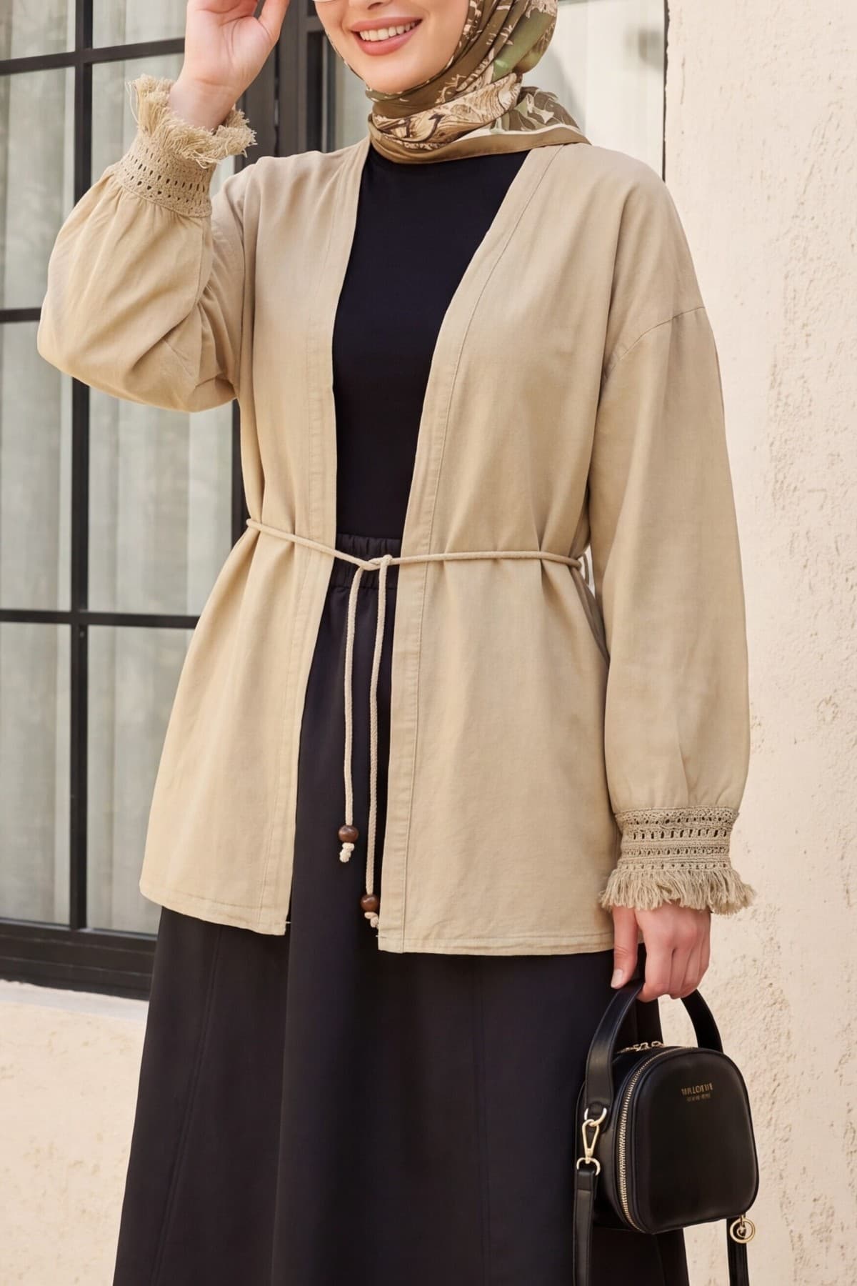 Linen Kimono with Tasseled Sleeves and Belted Waist