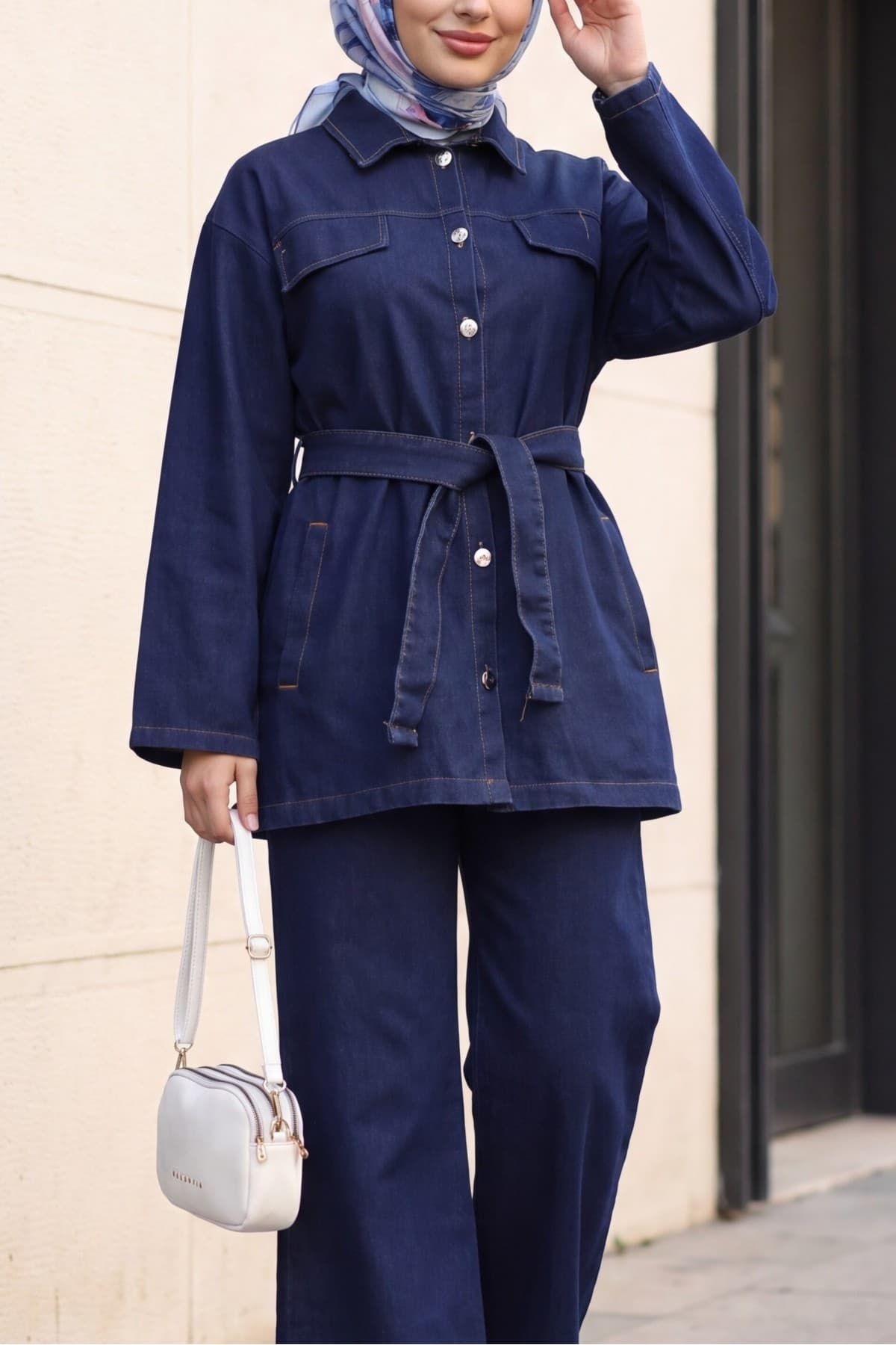 Denim Set with Button-Front, Pocketed, Belted Top and Trousers