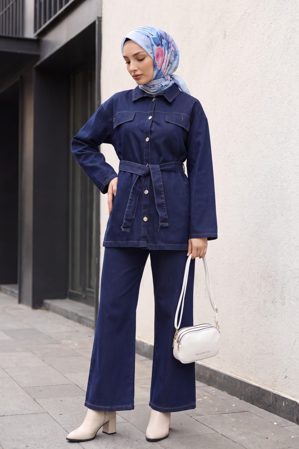 Denim Set with Button-Front, Pocketed, Belted Top and Trousers