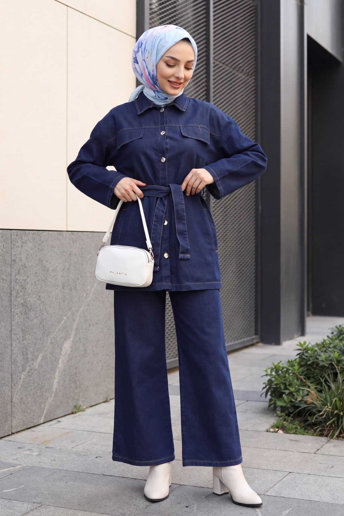 Denim Set with Button-Front, Pocketed, Belted Top and Trousers