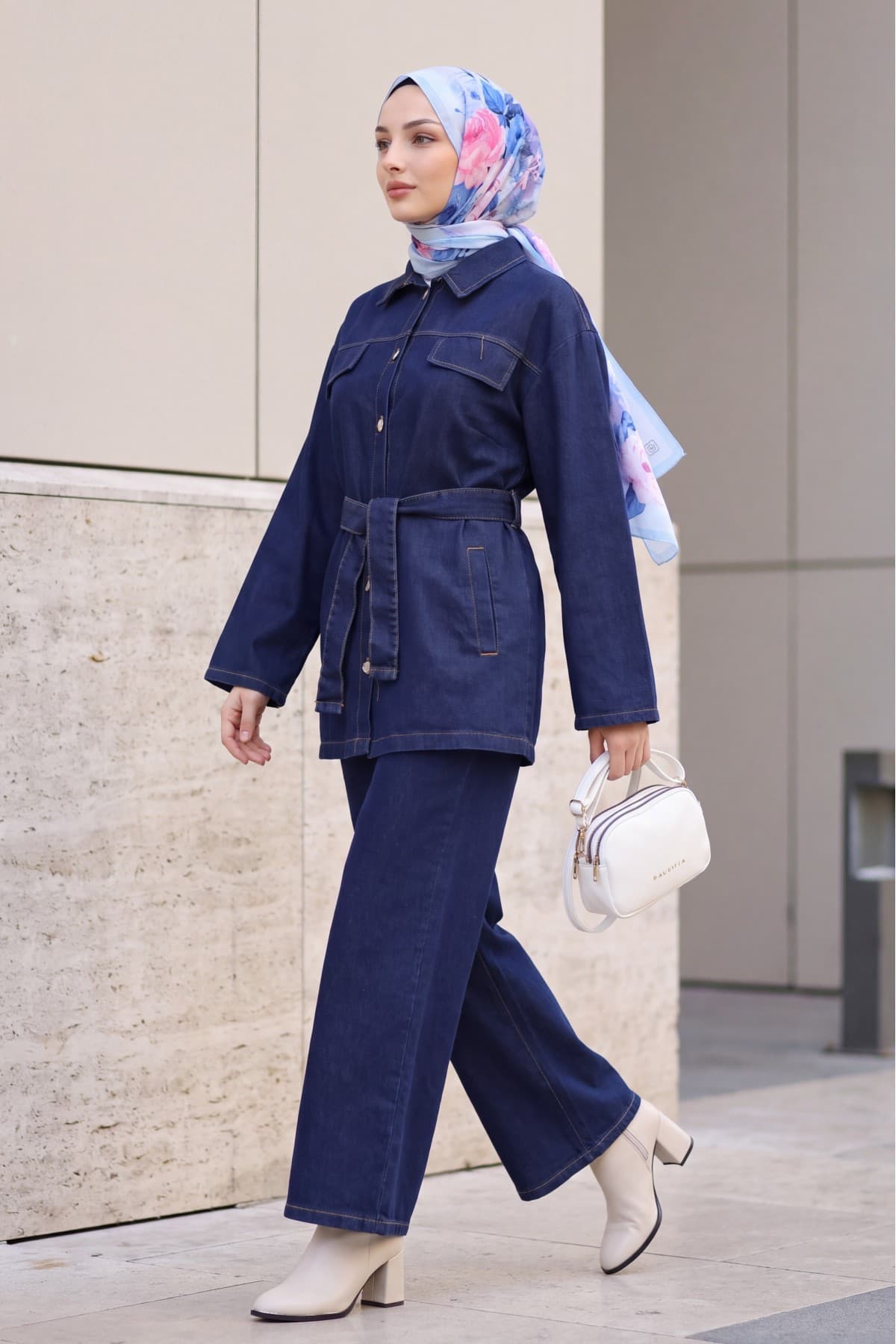 Denim Set with Button-Front, Pocketed, Belted Top and Trousers