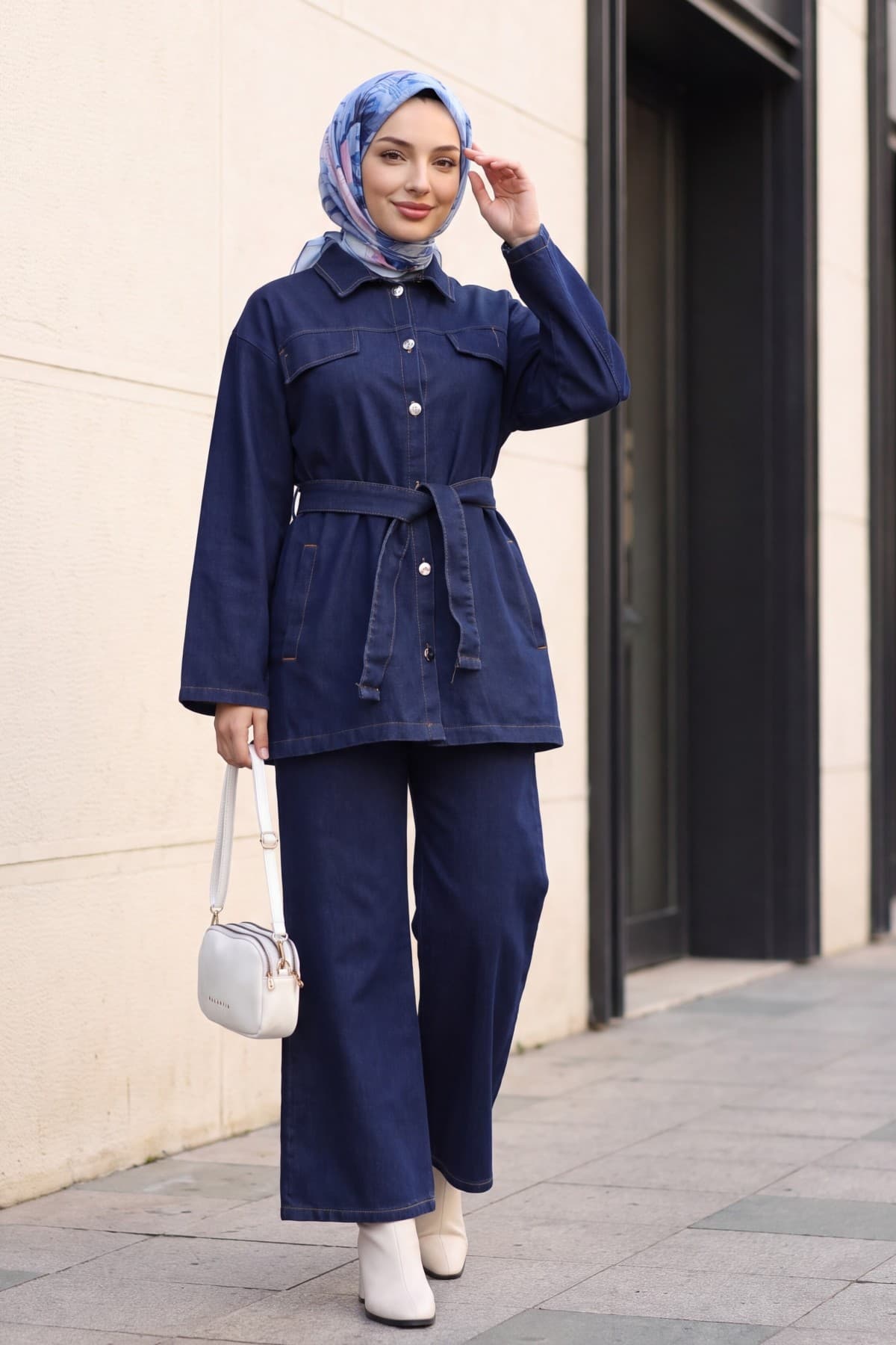 Denim Set with Button-Front, Pocketed, Belted Top and Trousers