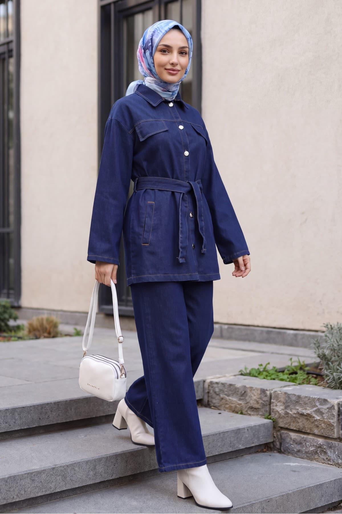 Denim Set with Button-Front, Pocketed, Belted Top and Trousers