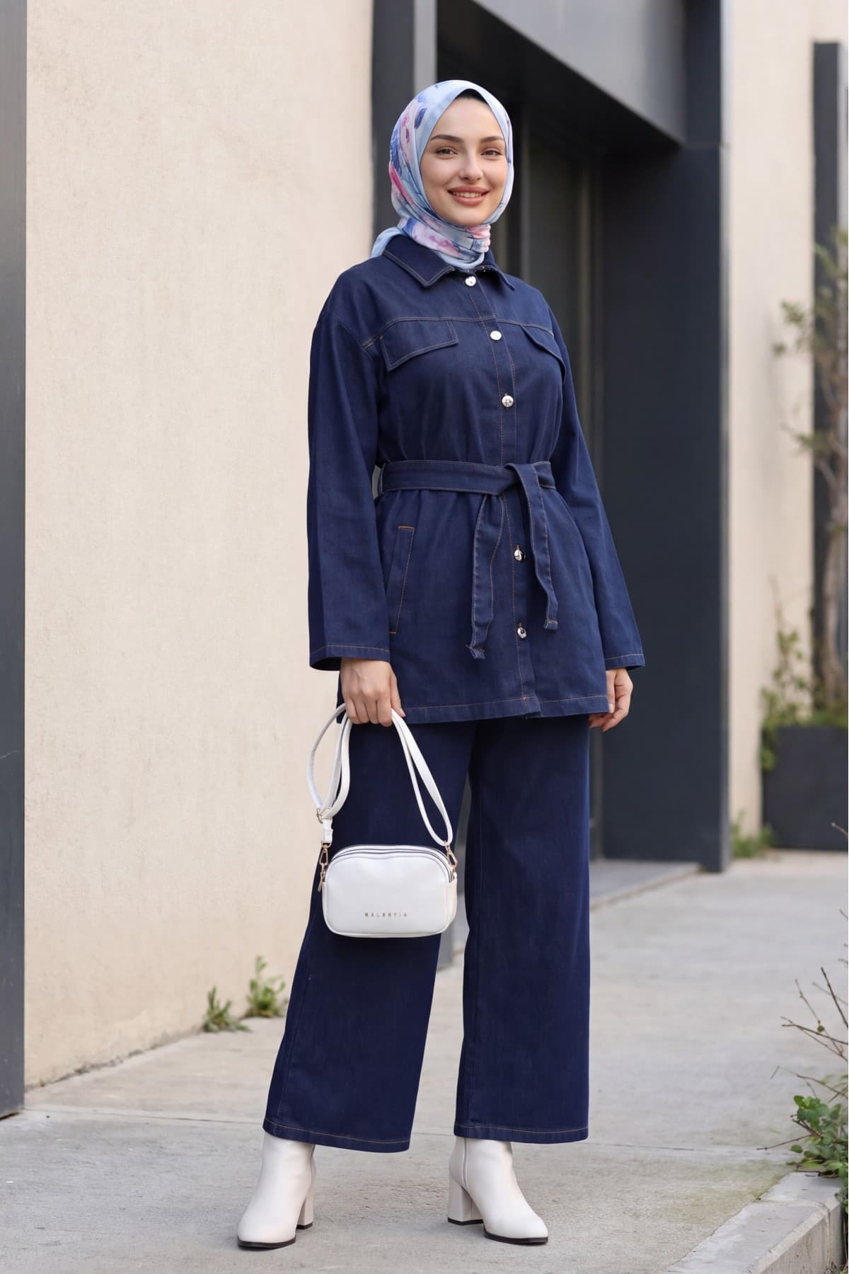 Denim Set with Button-Front, Pocketed, Belted Top and Trousers