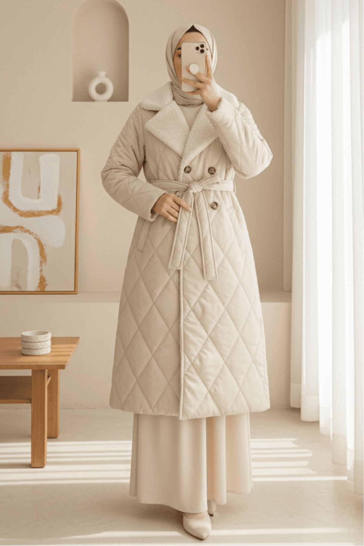 Quilted Coat with Plush Collar and Inside Lining, Waist Belt and Pocket