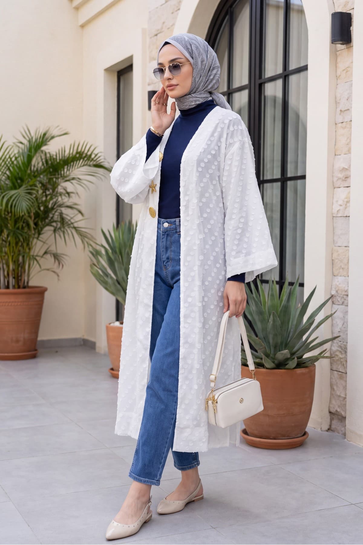 Jacquard Kimono with Brooch Detail and Side Slits, Embossed Polka Dot Pattern