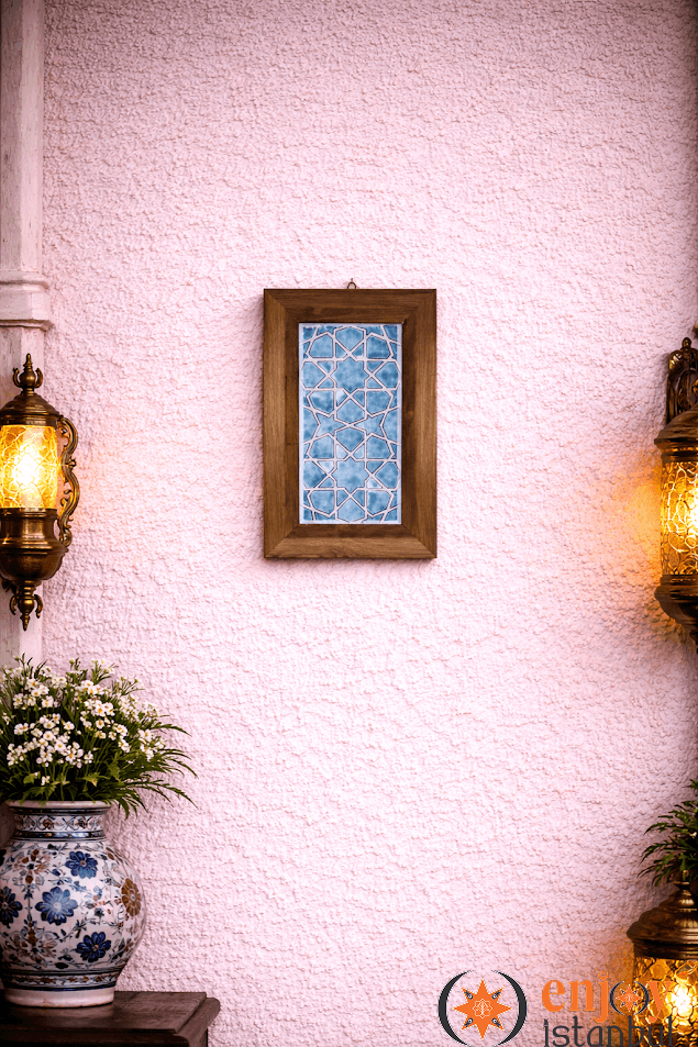 Turquoise Background Seljuk Star Decorated Decorative Tile Framed Painting 18x28 Cm