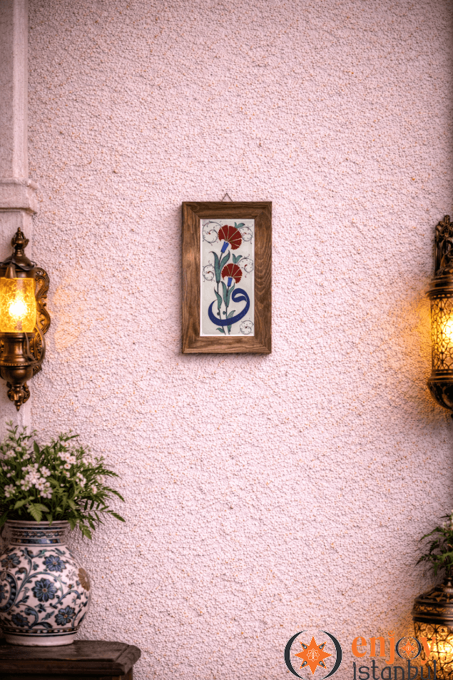 AUTHENTIC TILE Wooden Framed Wall Painting with Carnation Vav Decoration Width: 18 length: 28 Cm
