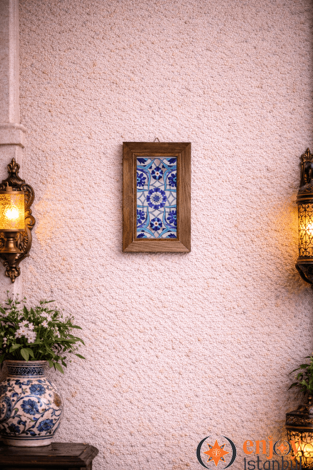 Blue and White Baba Nakkaş Decorated Decorative Tile Framed Painting 18x28 Cm