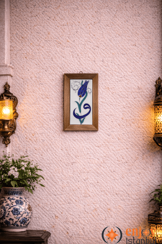 Decorative Tile Framed Painting with Blue Tulip and Vav Decoration 18x28 Cm