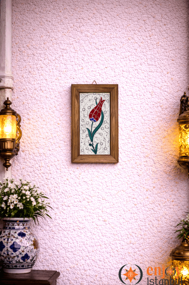 Golden Horn Floor Tulip Decorated Decorative Tile Framed Painting 18x28 Cm