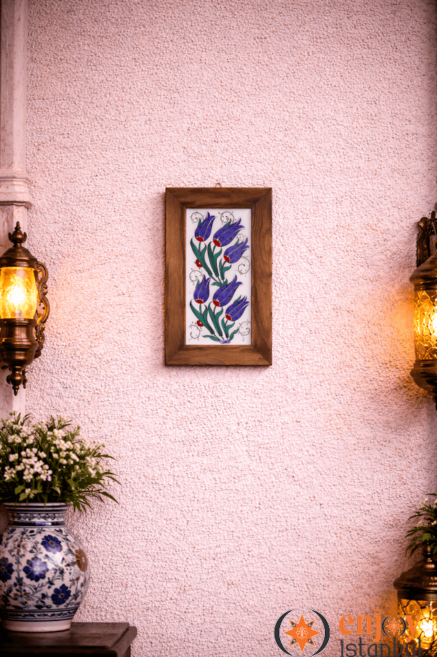 AUTHENTIC TILE Wooden Framed Wall Painting with Tulip Decoration Width: 18 length: 28 Cm