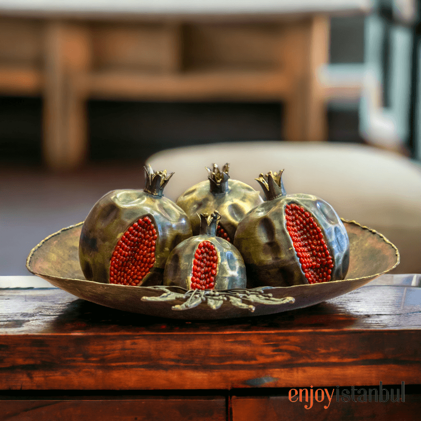 Artisanal Brass Pomegranate Masterpiece and Pomegranate Tray Set: Handcrafted Craftsmanship