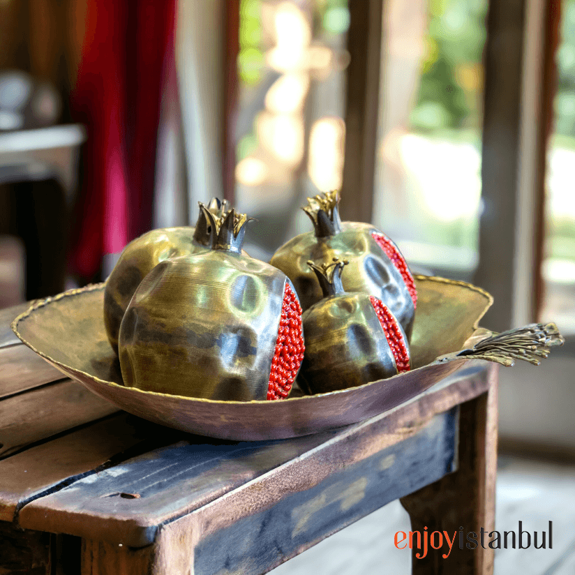 Artisanal Brass Pomegranate Masterpiece and Pomegranate Tray Set: Handcrafted Craftsmanship