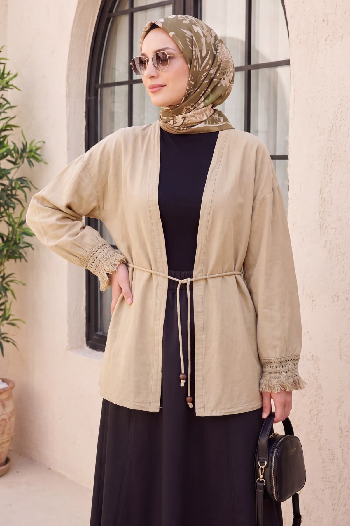 Linen Kimono with Tasseled Sleeves and Belted Waist