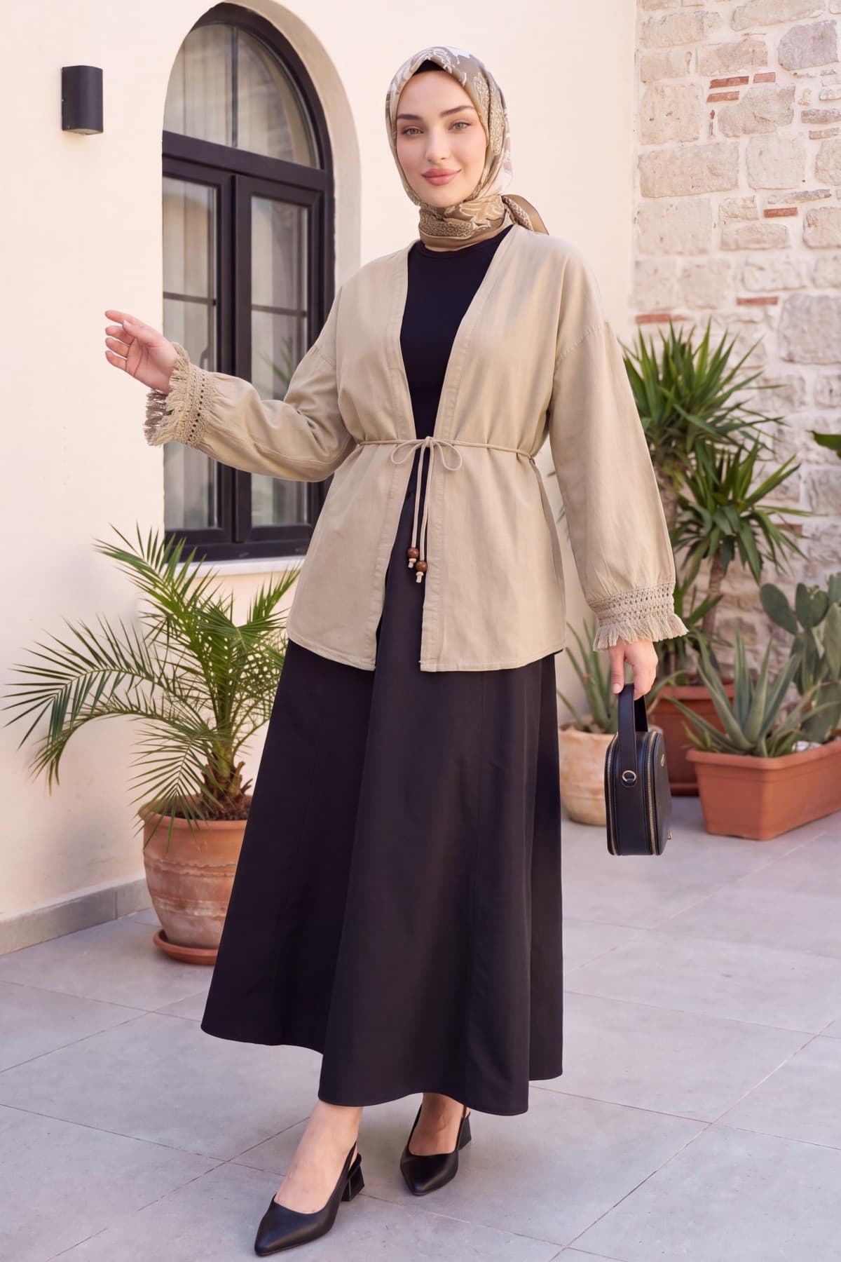 Linen Kimono with Tasseled Sleeves and Belted Waist