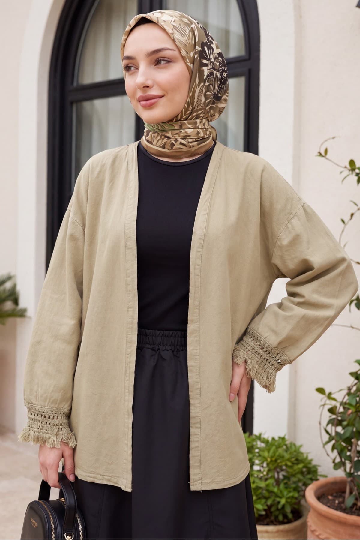 Linen Kimono with Tasseled Sleeves and Belted Waist