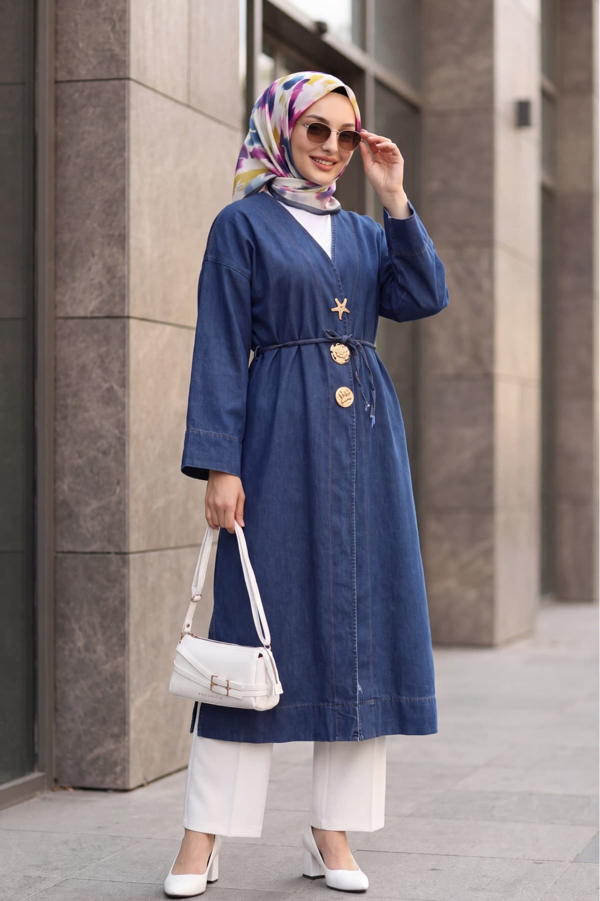 Long Denim Kimono with Belt, Brooch, and Slit