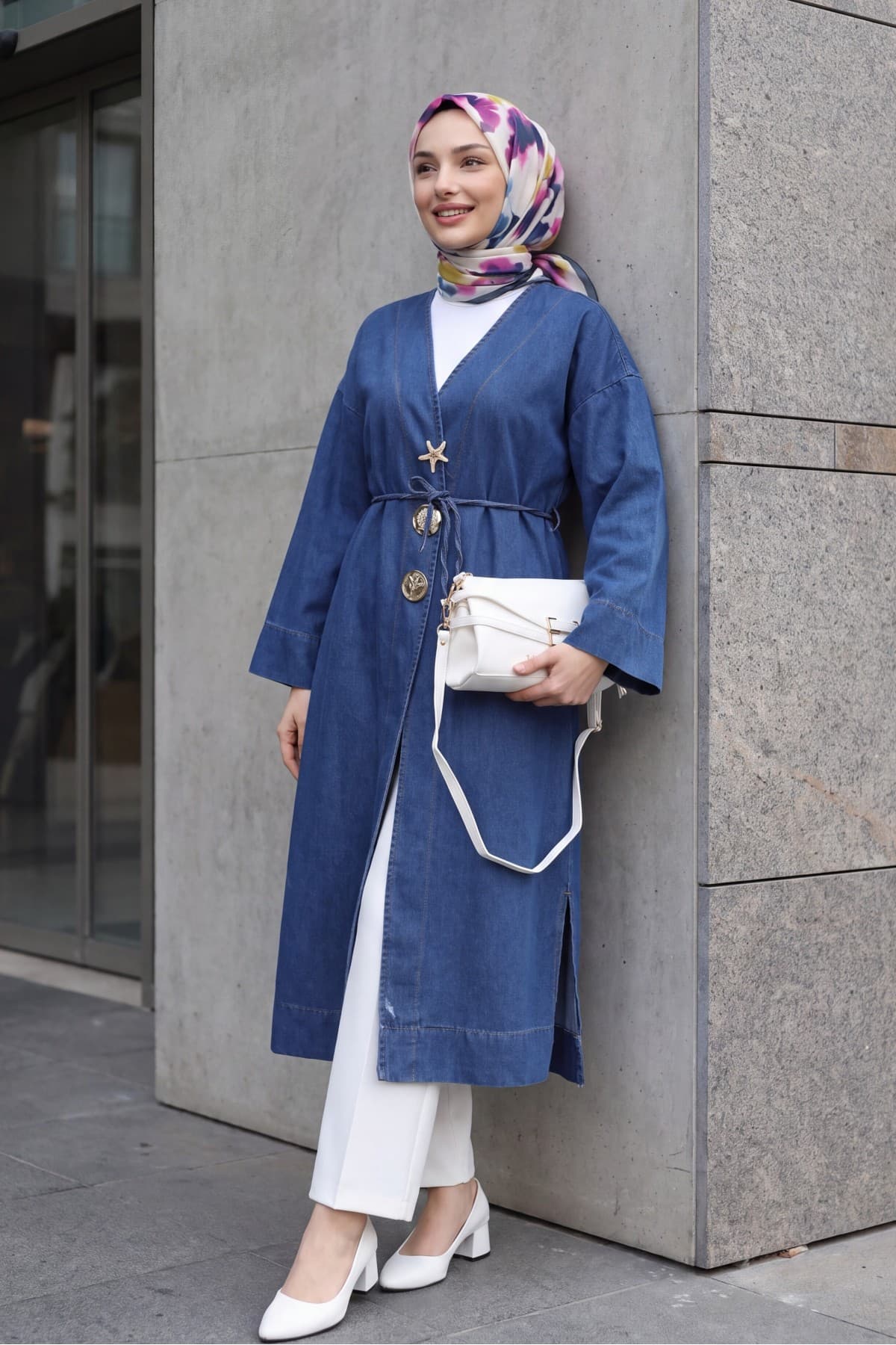 Long Denim Kimono with Belt, Brooch, and Slit