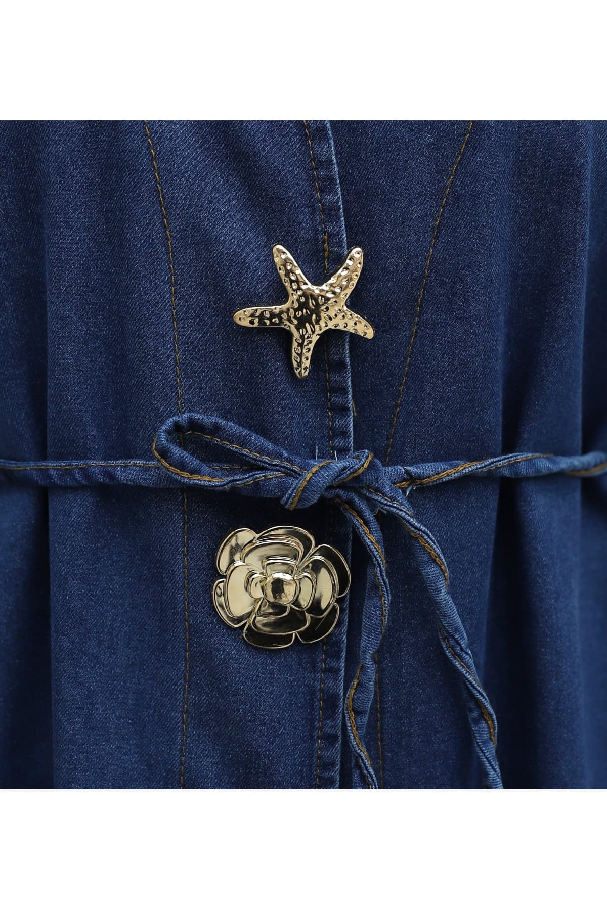 Long Denim Kimono with Belt, Brooch, and Slit