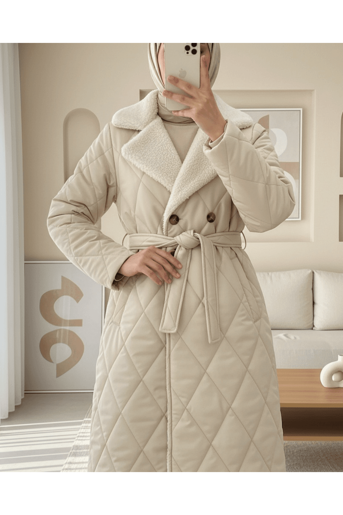 Quilted Coat with Plush Collar and Inside Lining, Waist Belt and Pocket