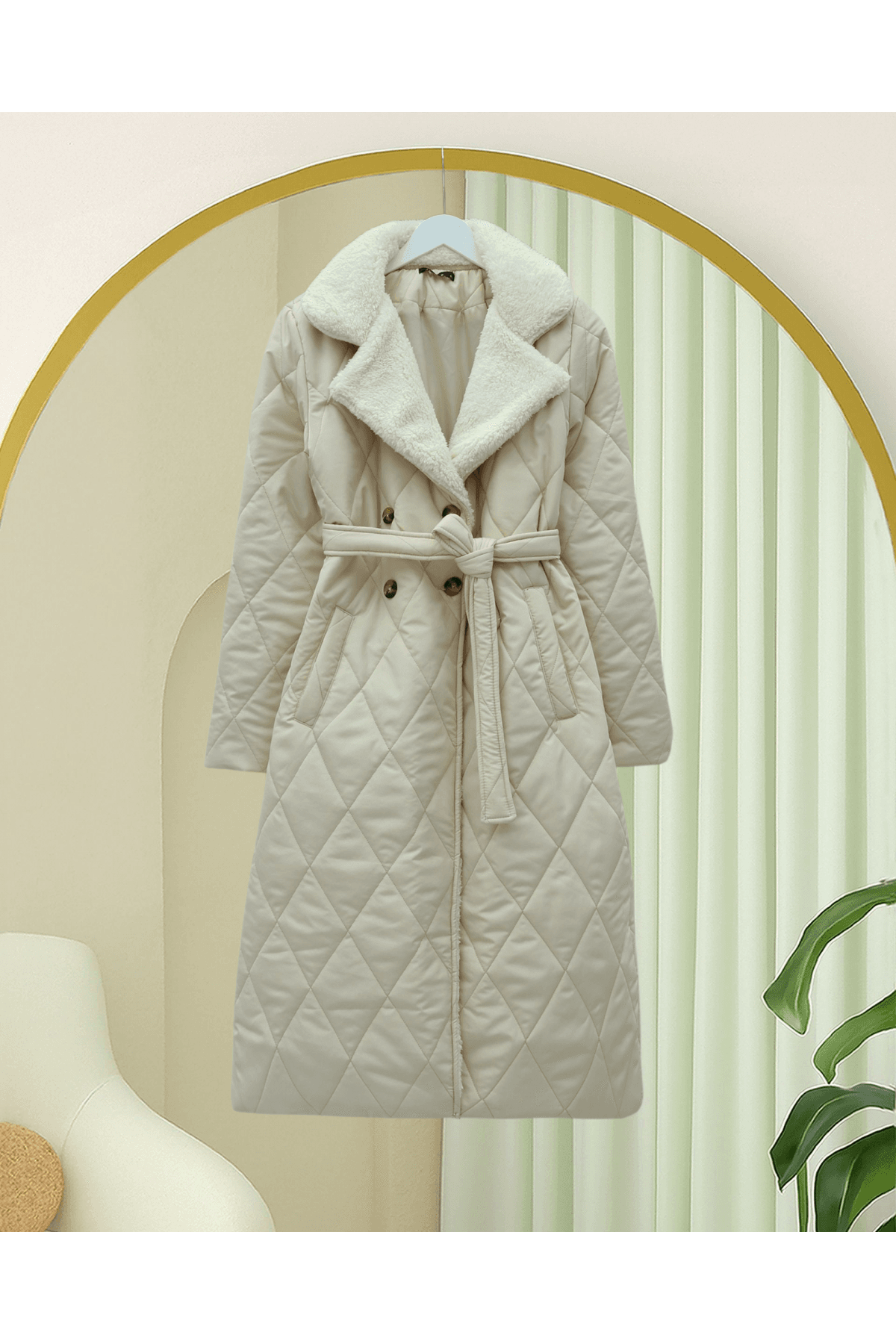 Quilted Coat with Plush Collar and Inside Lining, Waist Belt and Pocket
