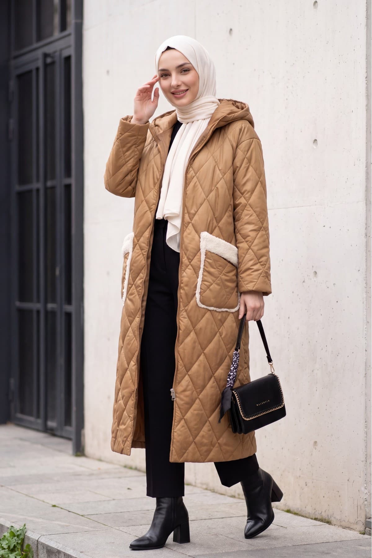 Long Quilted Coat with Pocket, Hood, Zipper and Lining-Snuff
