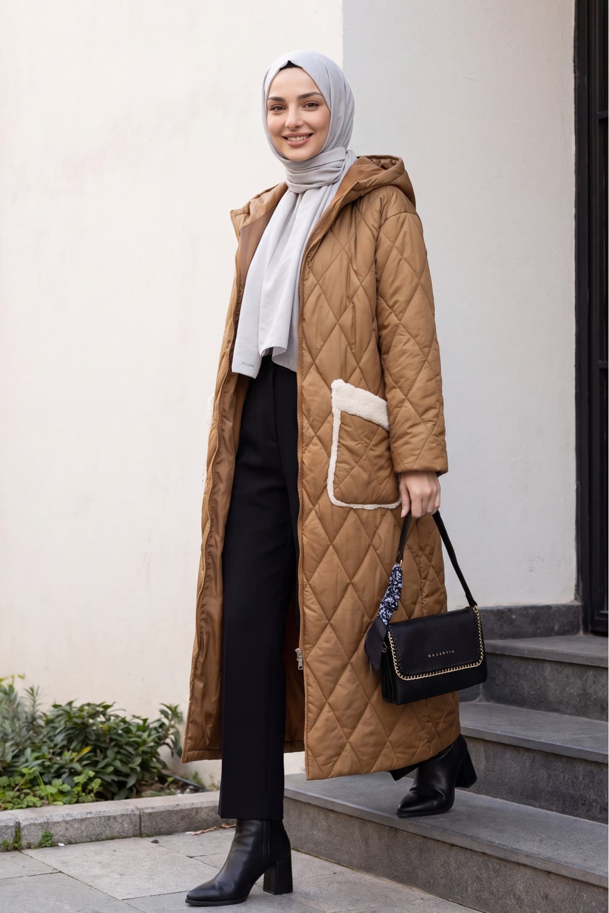 Long Quilted Coat with Pocket, Hood, Zipper and Lining-Snuff