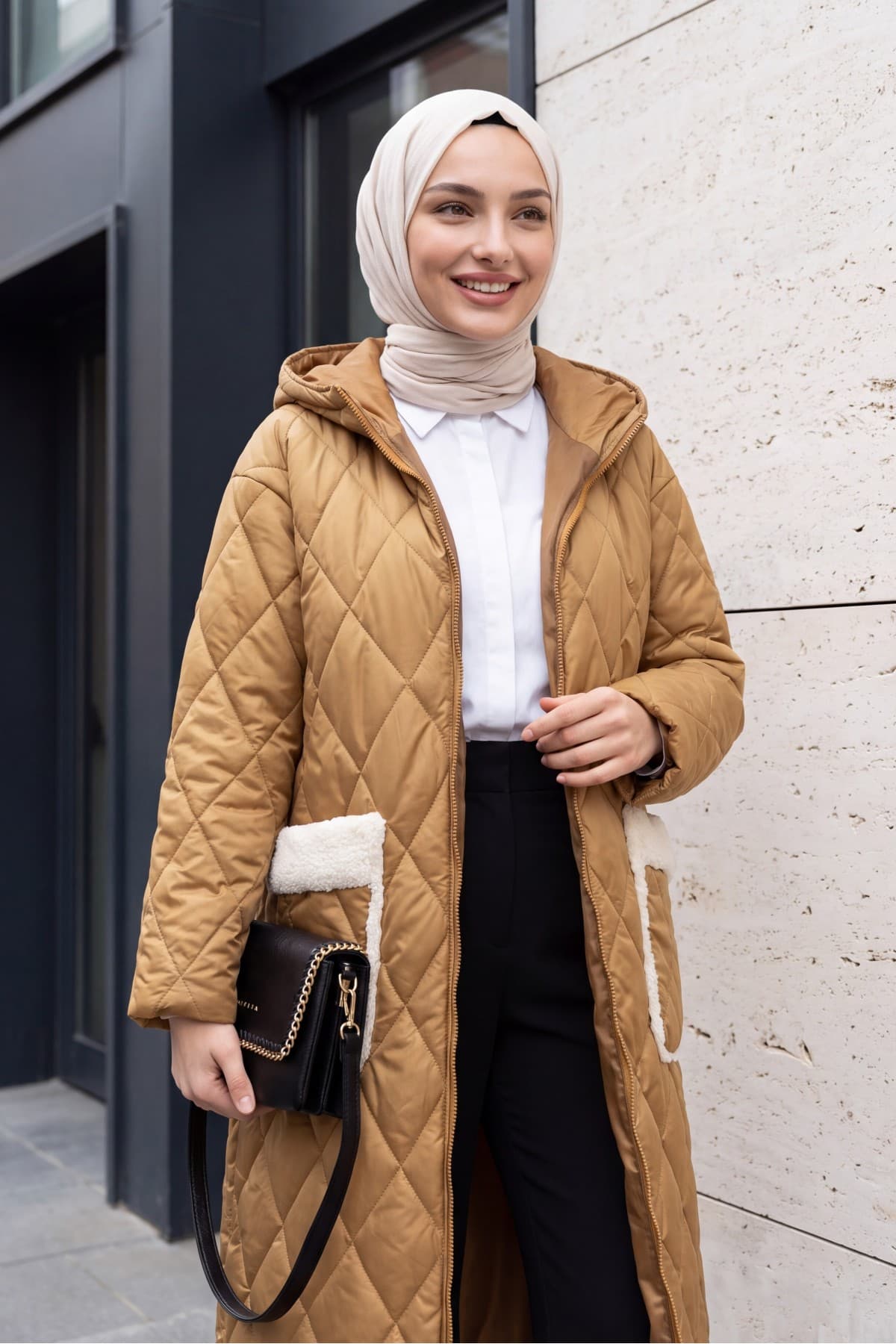 Long Quilted Coat with Pocket, Hood, Zipper and Lining-Snuff